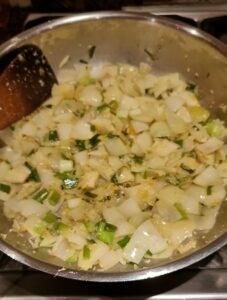 onions and spring onions & garlic in pan