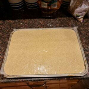 cake mix poured into the baking tray