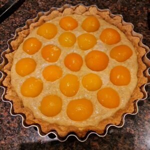 arranging the 20 or so apricot halves on the frangipane