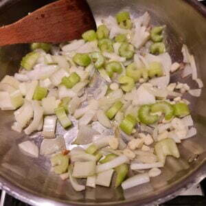 onions, celery, garlic & ginger in pan