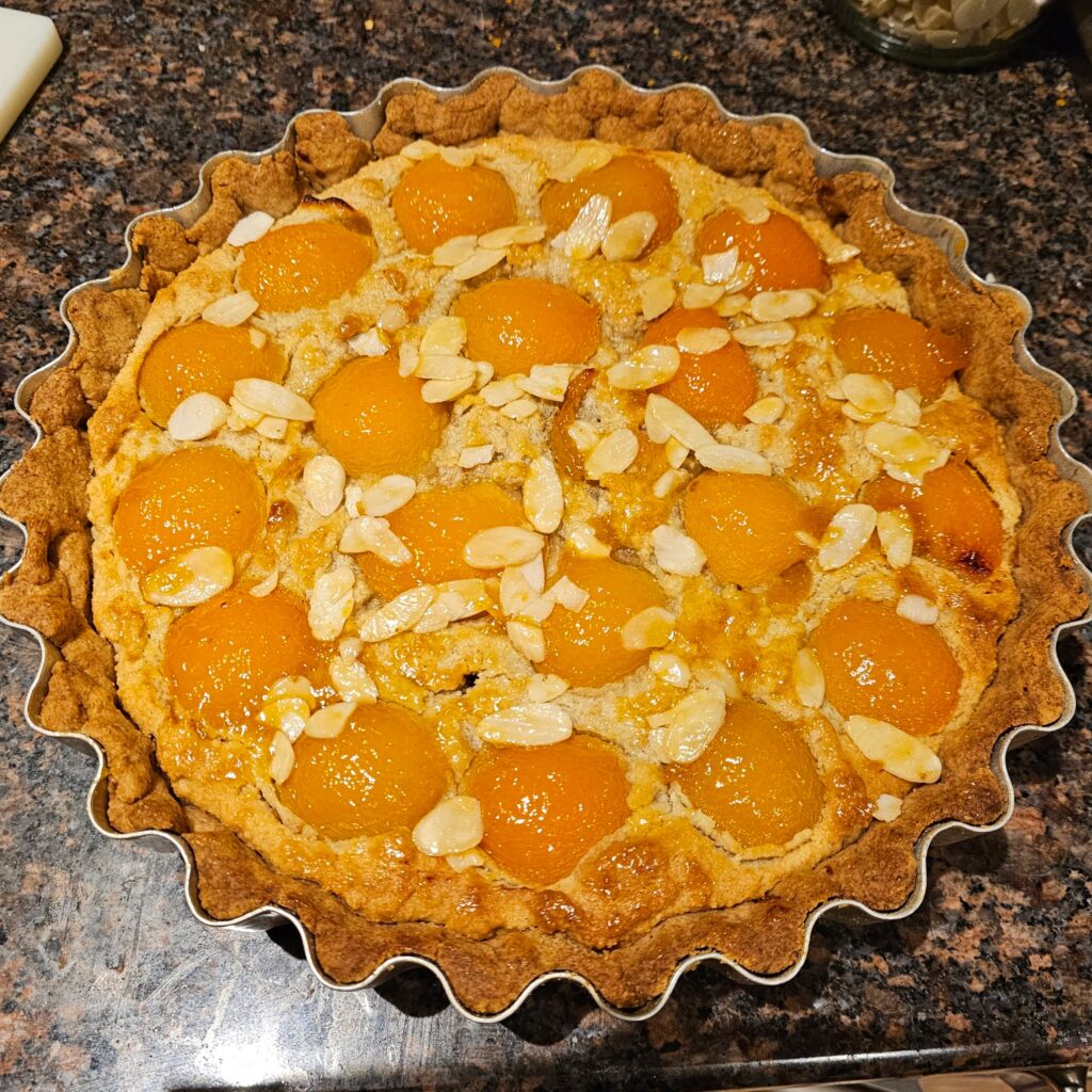 apricot frangipane tart with glazed almonds