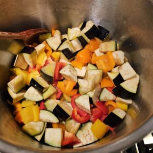 veggies in the pan to sautee