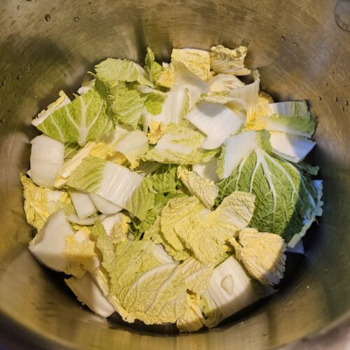 chinese leaves in the pan ready for salting 2